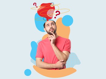 Thoughtful man on color background. Red speech balloon and question marks coming out of his head