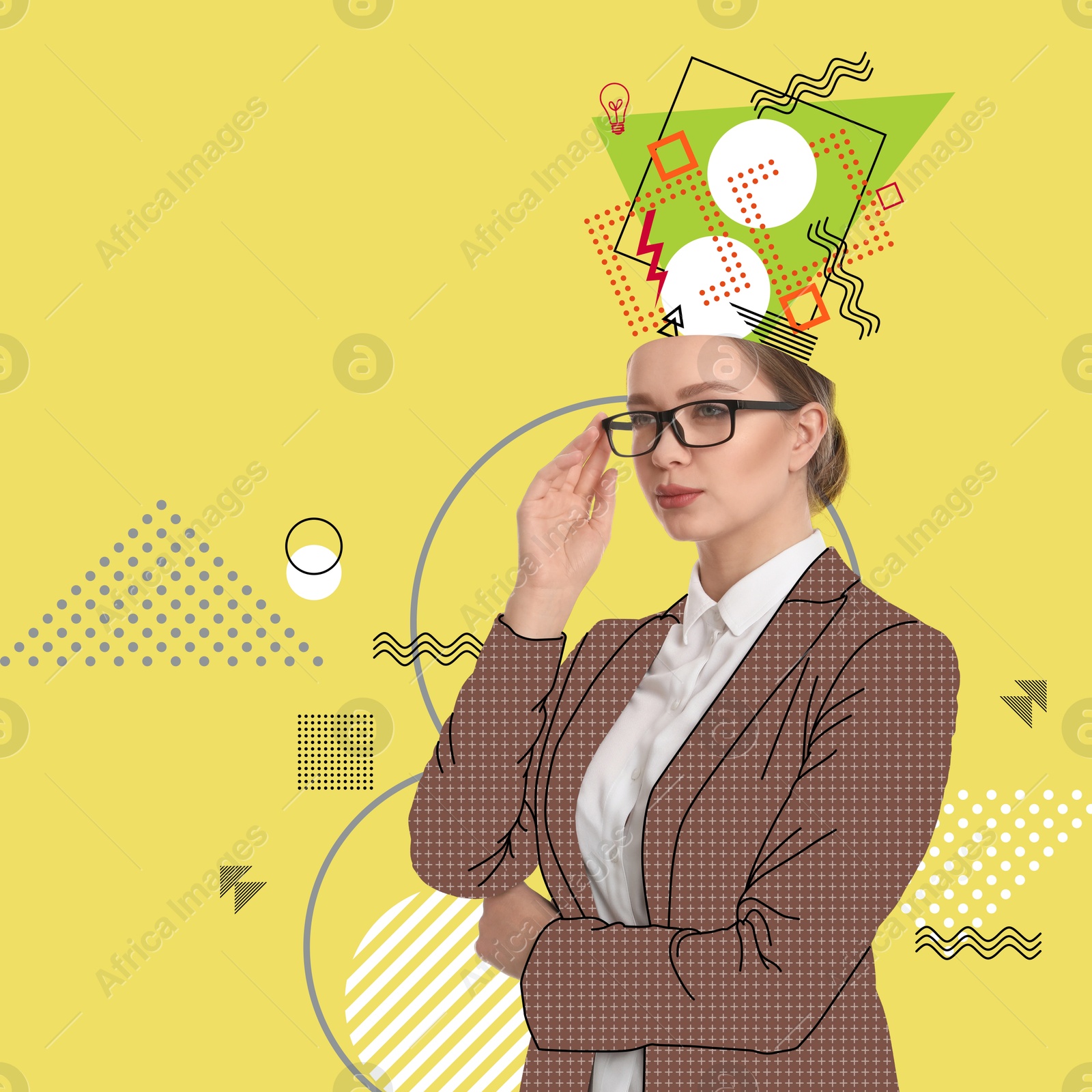 Image of Businesswoman with different thoughts and ideas on color background, creative art collage