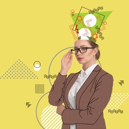 Image of Businesswoman with different thoughts and ideas on color background, creative art collage