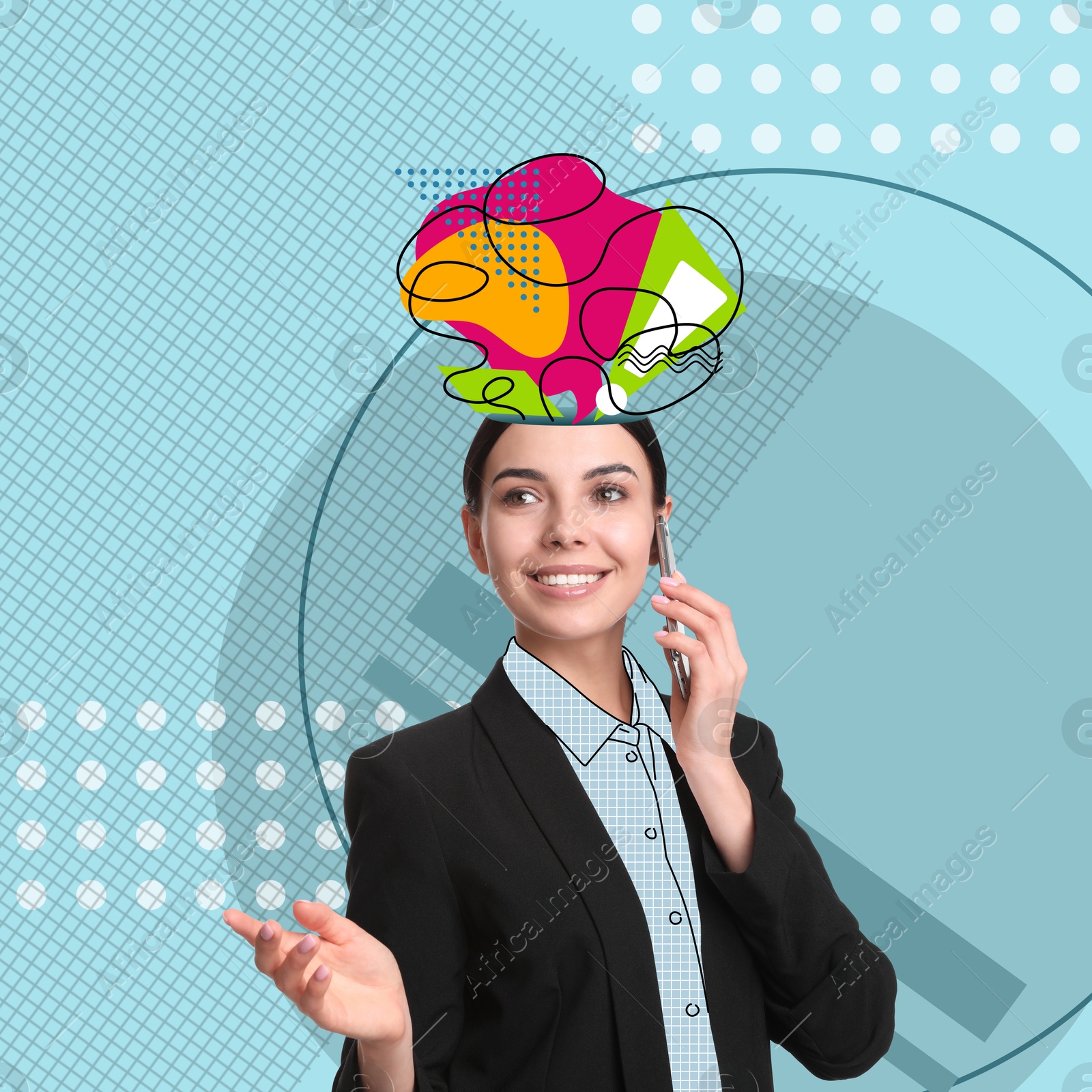 Image of Woman with different thoughts and ideas talking on phone against color background, creative art collage