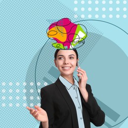 Image of Woman with different thoughts and ideas talking on phone against color background, creative art collage