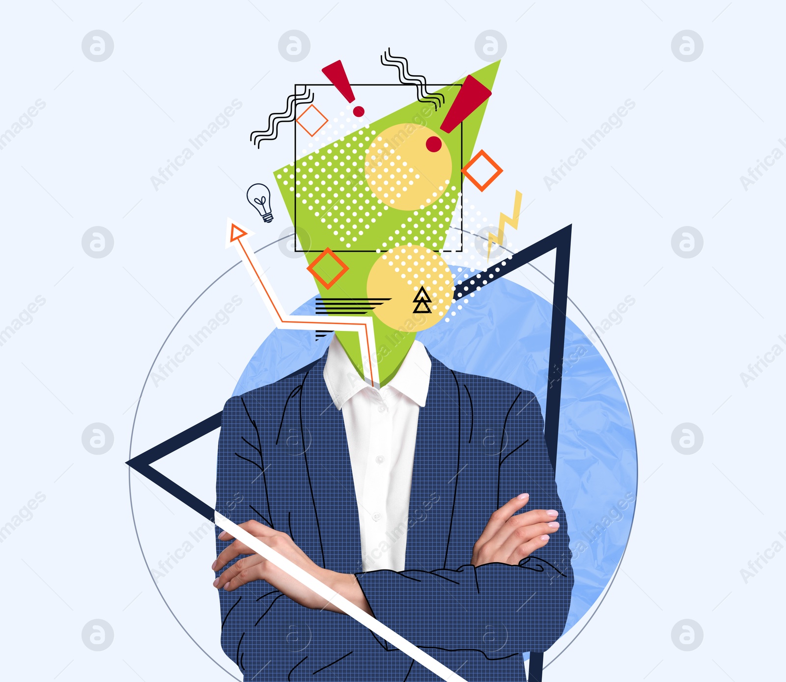 Image of Businesswoman with different thoughts and ideas on color background, creative art collage