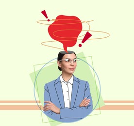 Image of Businesswoman with red thought bubble and exclamation marks coming out of her head on color background, creative art collage