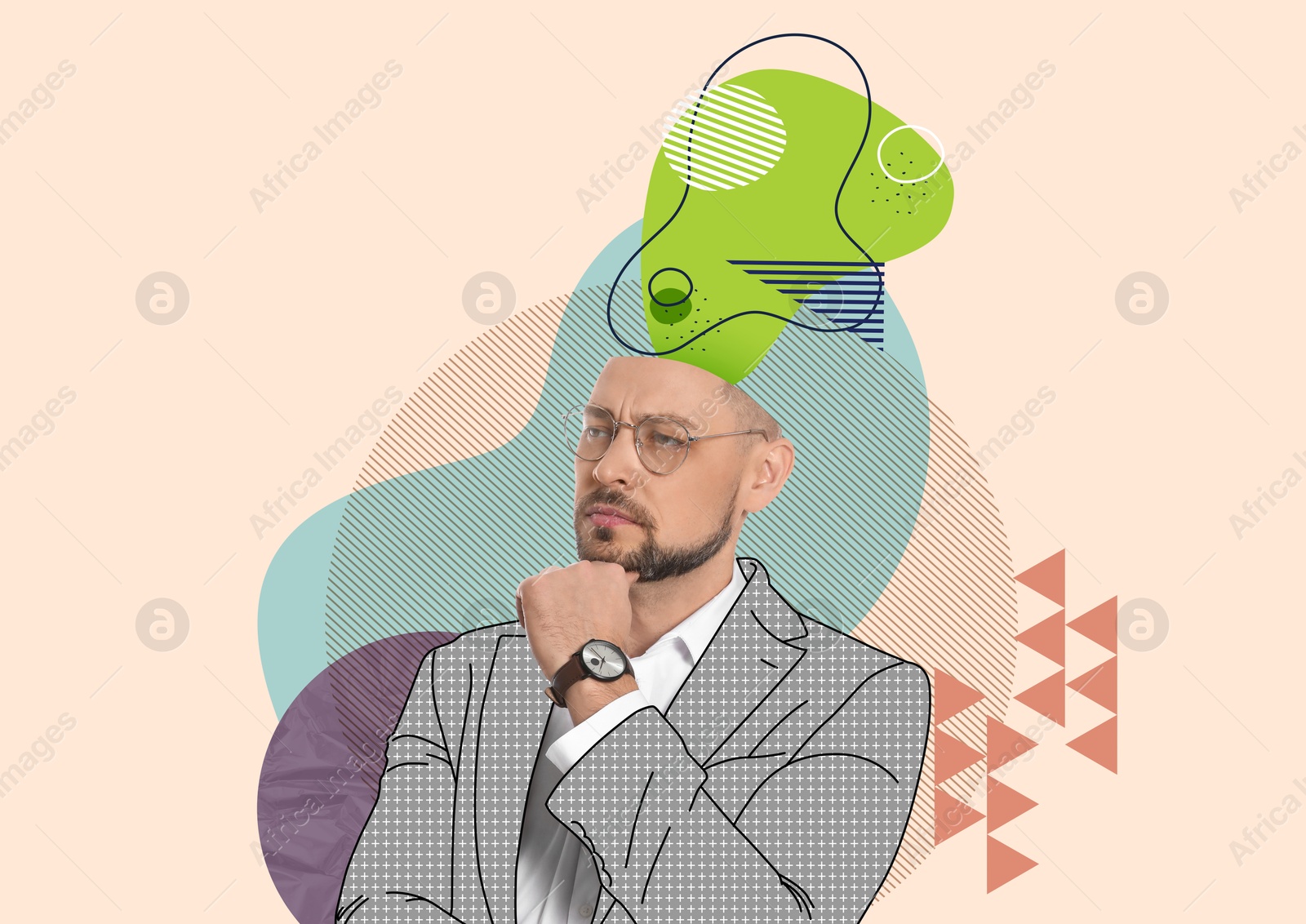 Image of Creative art collage of serious businessman with drawn elements coming out of his head on color background