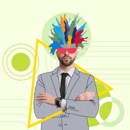 Image of Man with vivid imagination on color background, creative art collage. Colorful paint splashes bursting out of his head