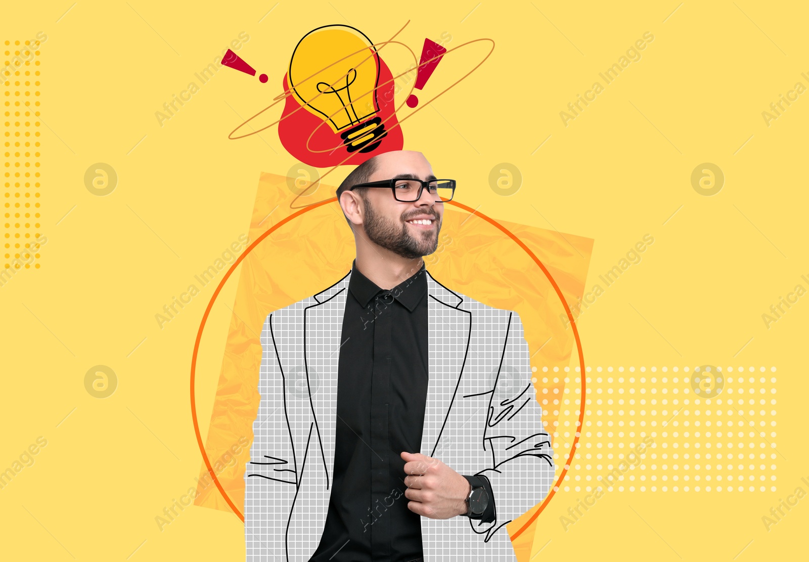 Image of Great idea or solution, creative art collage. Businessman with light bulb and red exclamation marks coming out of his head on color background