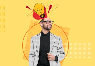 Image of Great idea or solution, creative art collage. Businessman with light bulb and red exclamation marks coming out of his head on color background