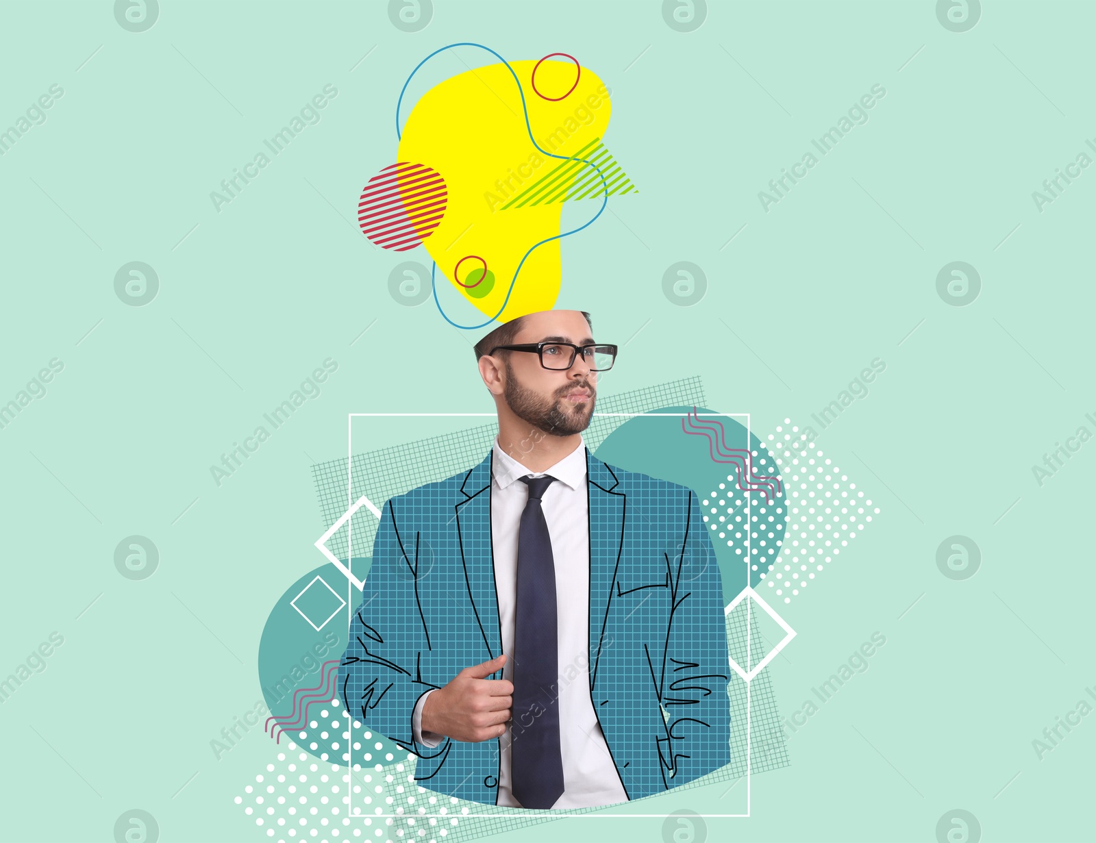 Image of Creative art collage of confident businessman with drawn elements coming out of his head on color background