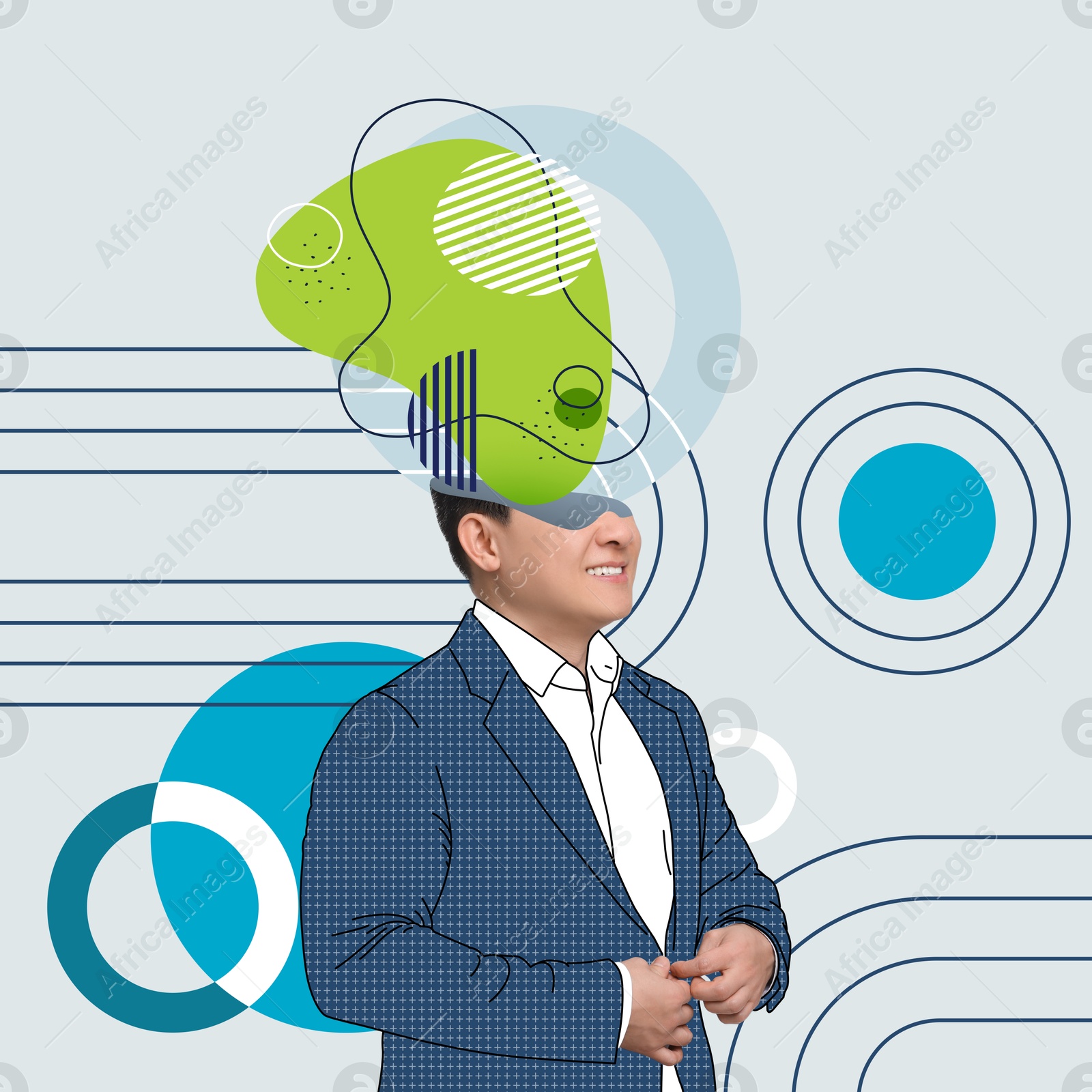 Image of Creative art collage of confident businessman with drawn elements coming out of his head on color background