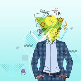 Image of Businessman with different thoughts and ideas on color background, creative art collage