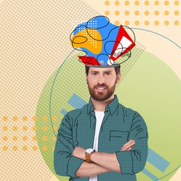 Image of Man with different thoughts and ideas on color background, creative art collage