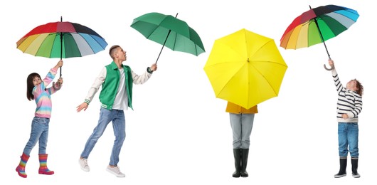 Adults and kids with bright umbrellas on white background