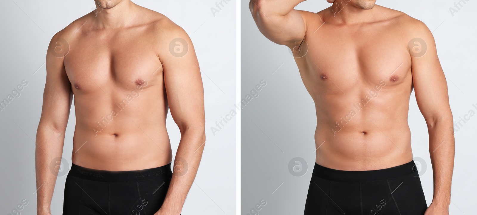 Image of Man showing body before and after weight loss on white background, closeup