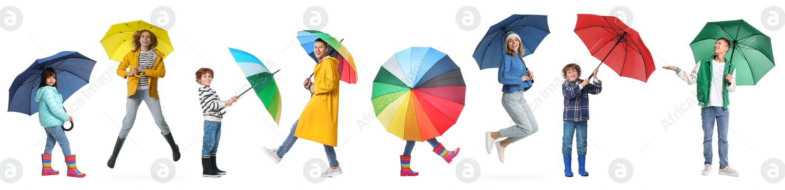 Image of Adults and kids with bright umbrellas on white background