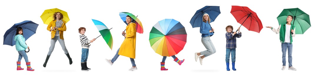 Adults and kids with bright umbrellas on white background