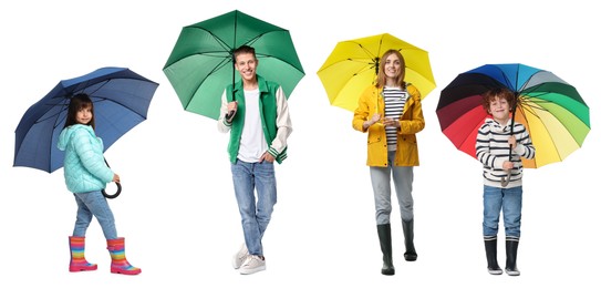 Adults and kids with bright umbrellas on white background