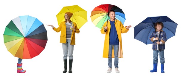 Adults and kids with bright umbrellas on white background