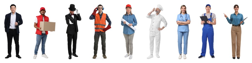 People of different professions. Collage with portraits on white background