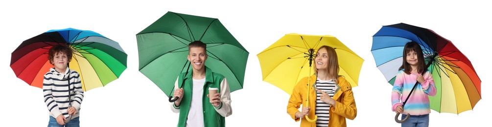 Adults and kids with bright umbrellas on white background