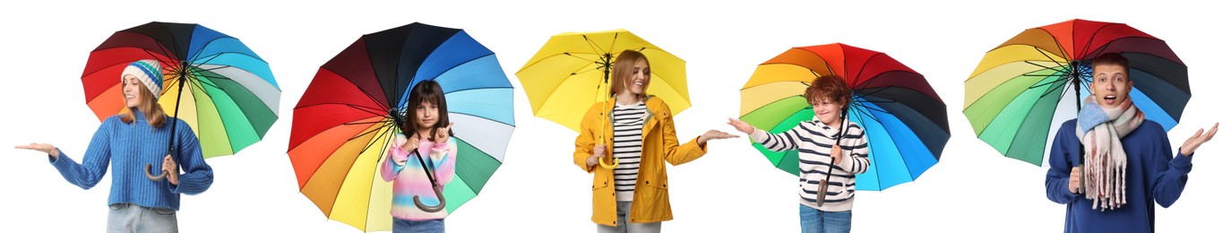 Image of Adults and kids with bright umbrellas on white background