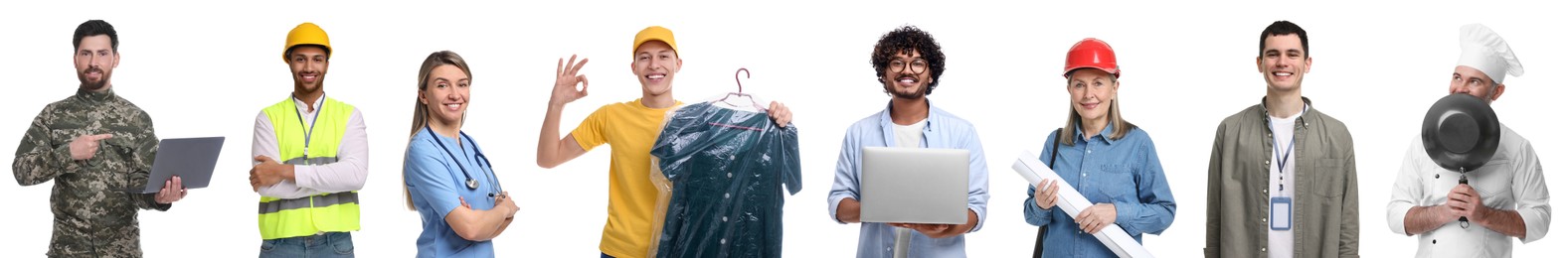 People of different professions. Collage with portraits on white background