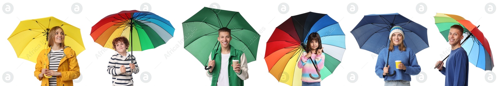 Image of Adults and kids with bright umbrellas on white background