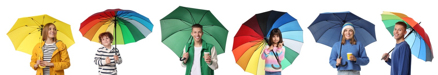 Adults and kids with bright umbrellas on white background