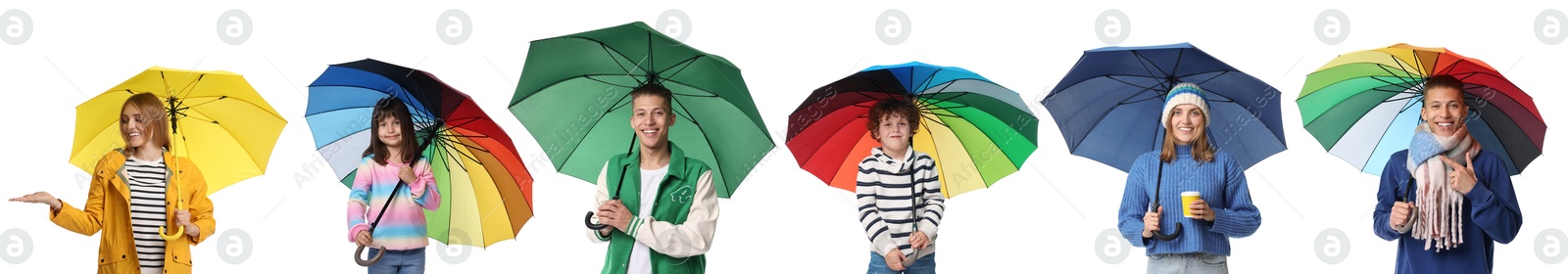 Image of Adults and kids with bright umbrellas on white background