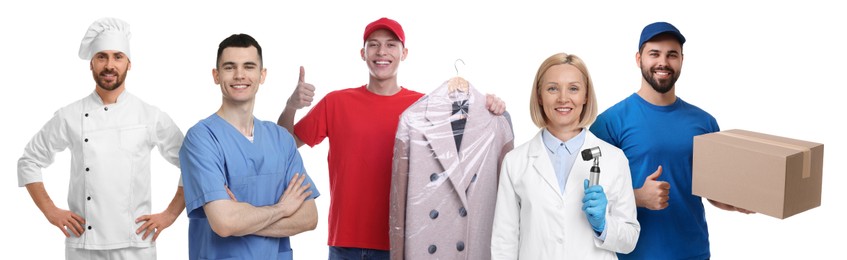 People of different professions. Collage with portraits on white background