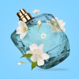 Image of Bottle of floral perfume and jasmine flowers in air on light blue background