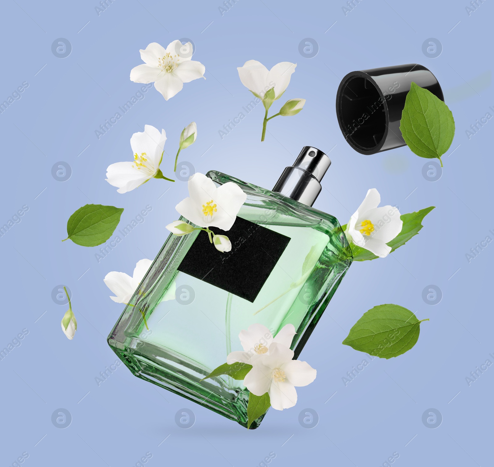 Image of Bottle of floral perfume and jasmine flowers in air on light blue background