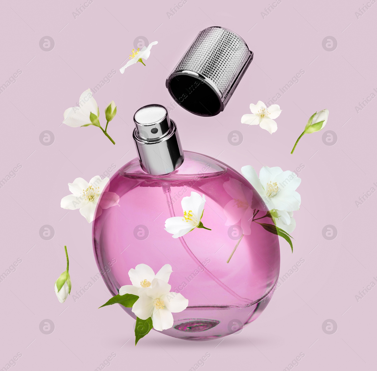 Image of Bottle of floral perfume and jasmine flowers in air on color background