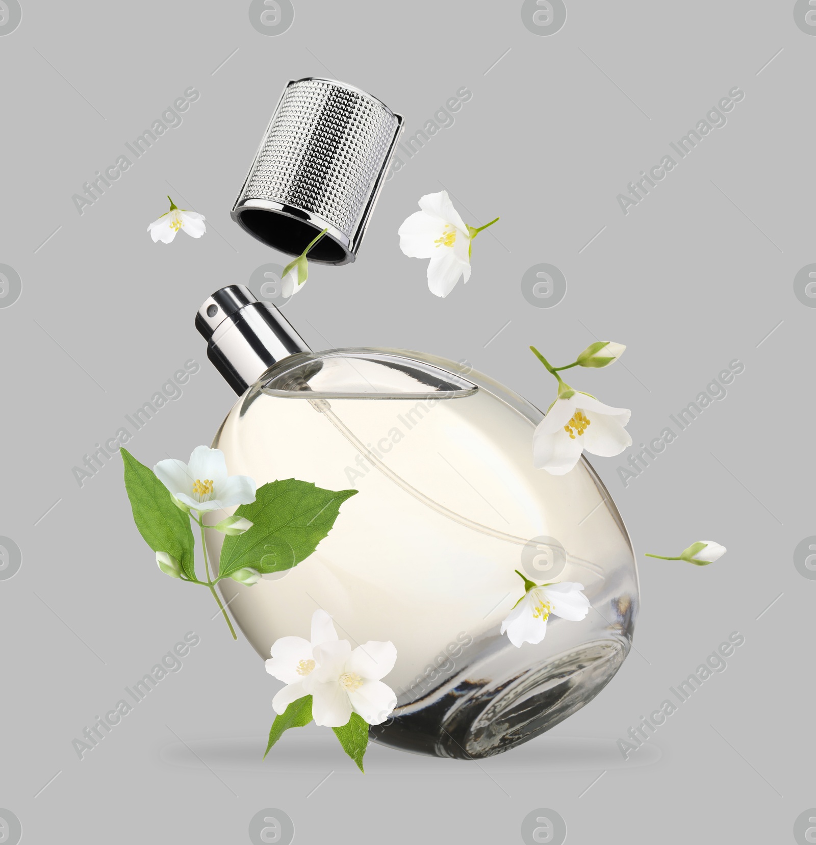 Image of Bottle of floral perfume and jasmine flowers in air on light grey background