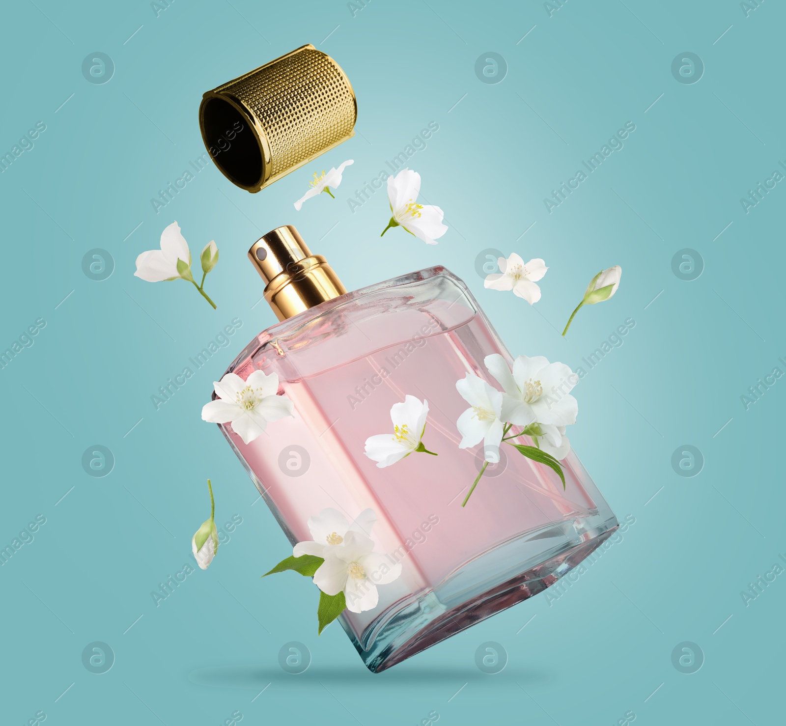 Image of Bottle of floral perfume and jasmine flowers in air on light blue background