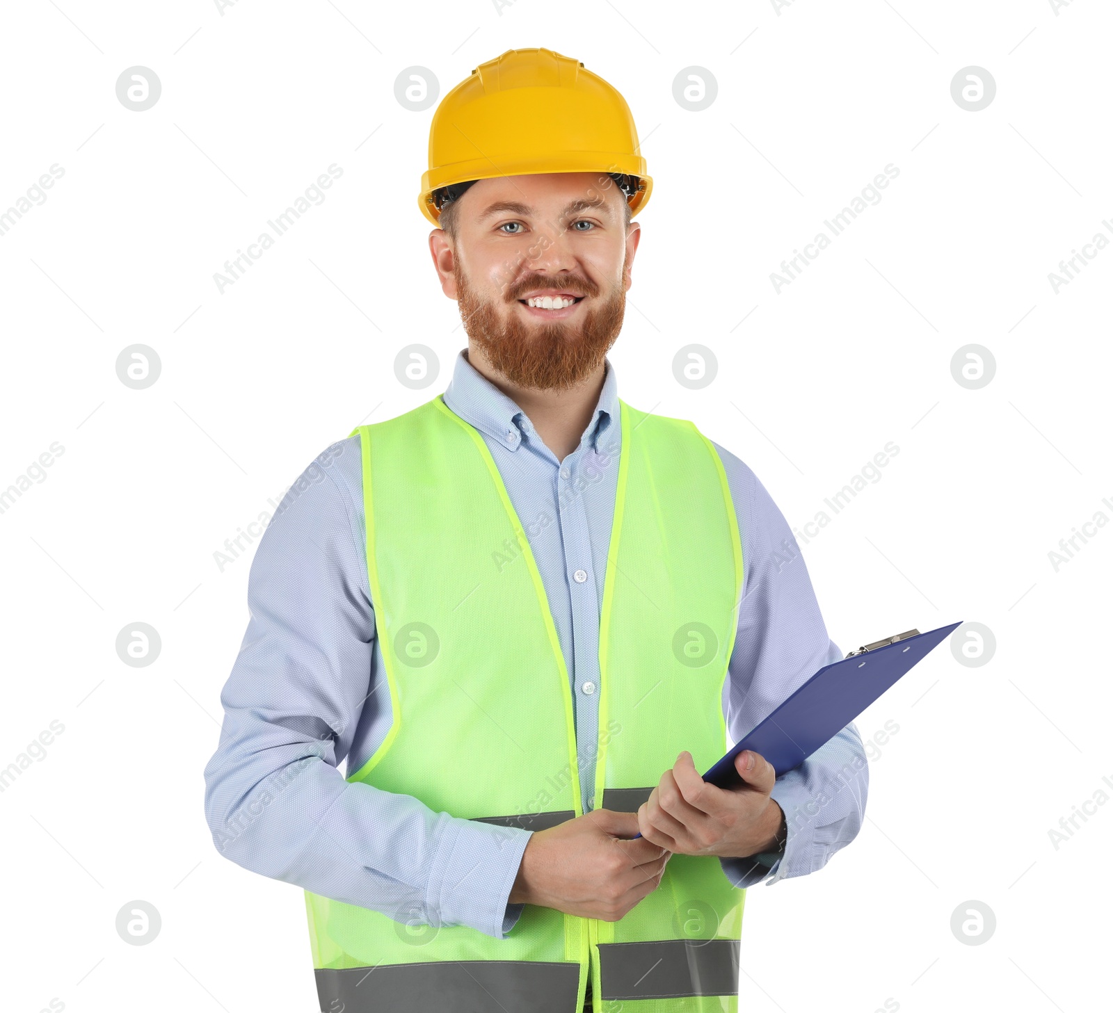 Photo of Engineer in hard hat with clipboard on white background