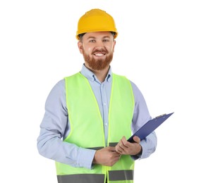 Engineer in hard hat with clipboard on white background