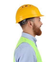 Photo of Engineer in hard hat on white background