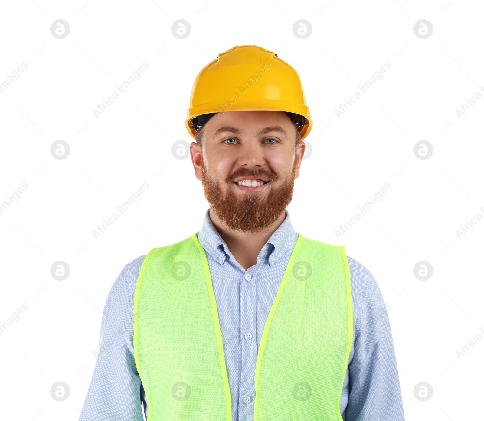 Photo of Engineer in hard hat on white background