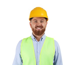 Photo of Engineer in hard hat on white background