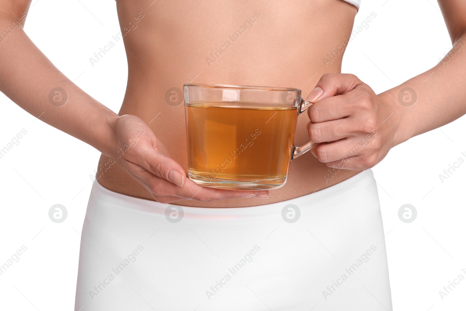 Photo of Weight loss concept. Woman with cup of diet tea on white background, closeup