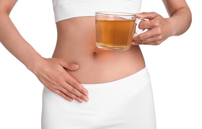 Photo of Weight loss concept. Woman with cup of diet tea on white background, closeup