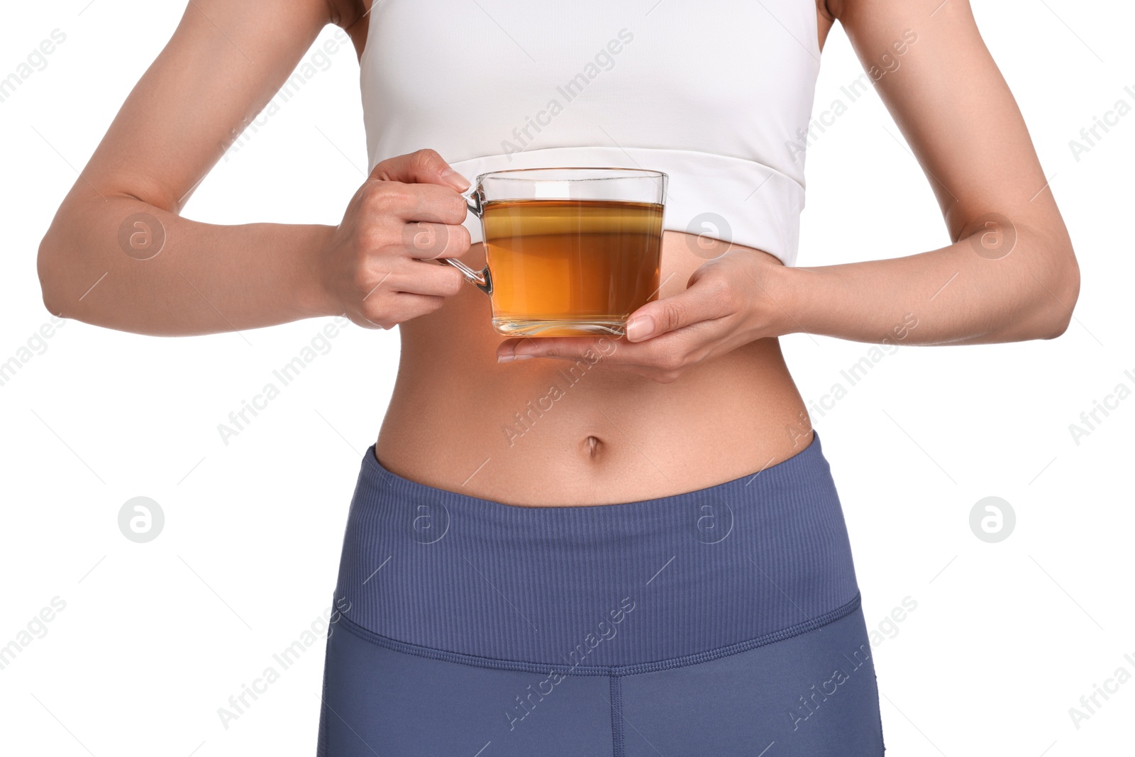 Photo of Weight loss concept. Woman with cup of diet tea on white background, closeup