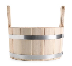 Photo of One wooden bucket isolated on white. Sauna equipment