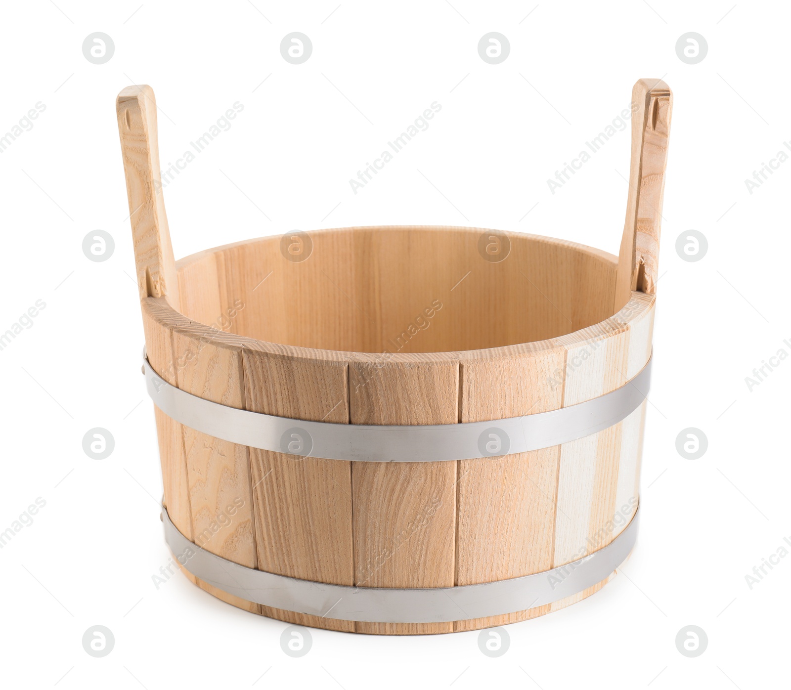 Photo of One wooden bucket isolated on white. Sauna equipment