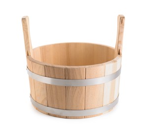 Photo of One wooden bucket isolated on white. Sauna equipment