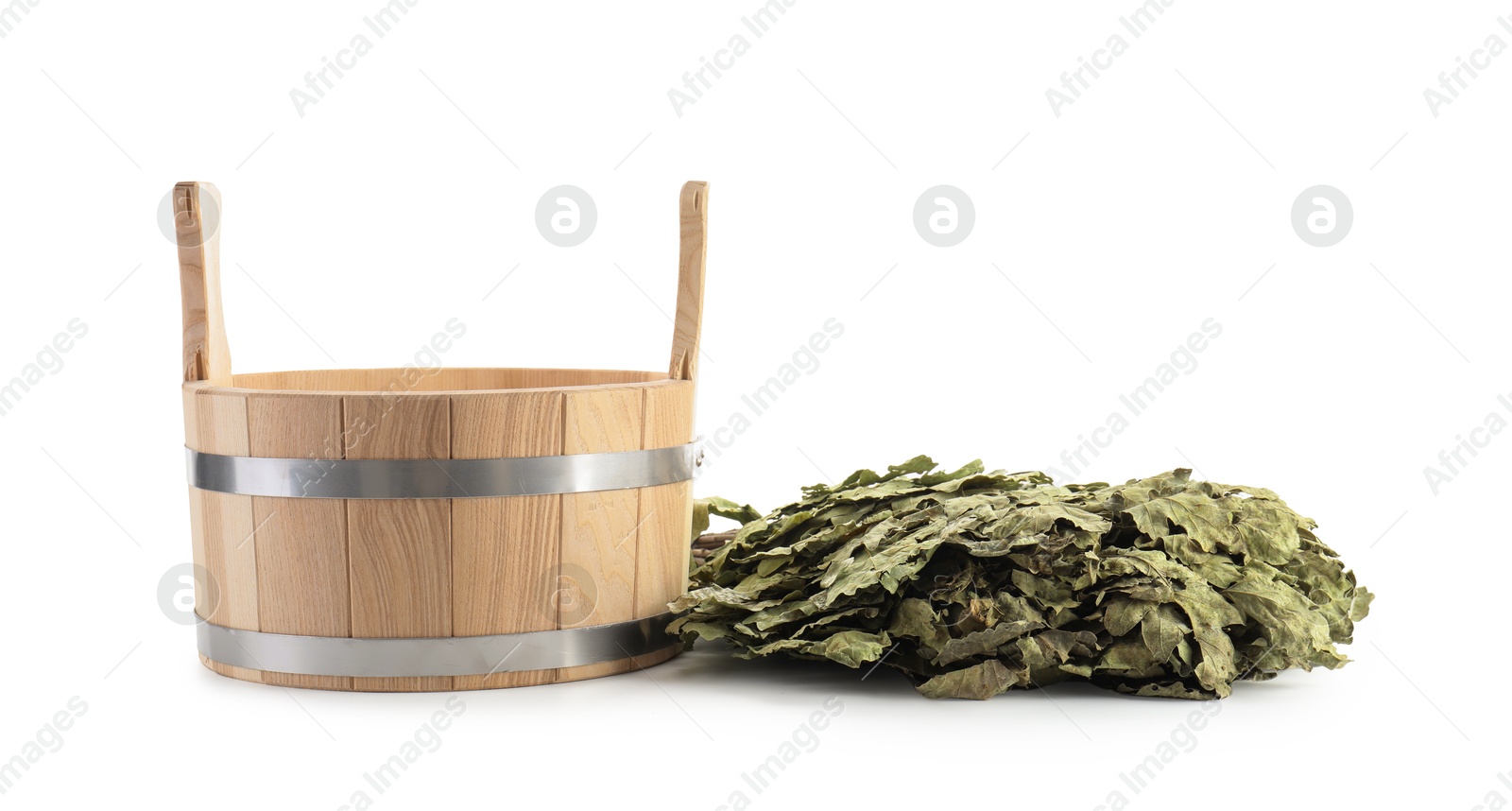 Photo of Sauna whisk and bucket isolated on white