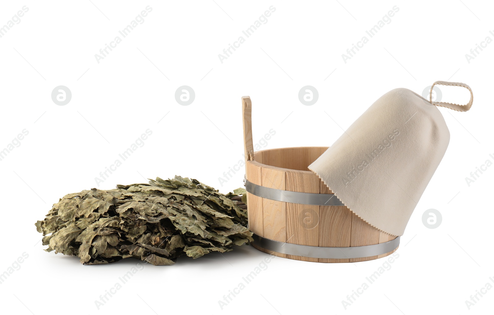 Photo of Sauna whisk, felt wool hat and bucket isolated on white