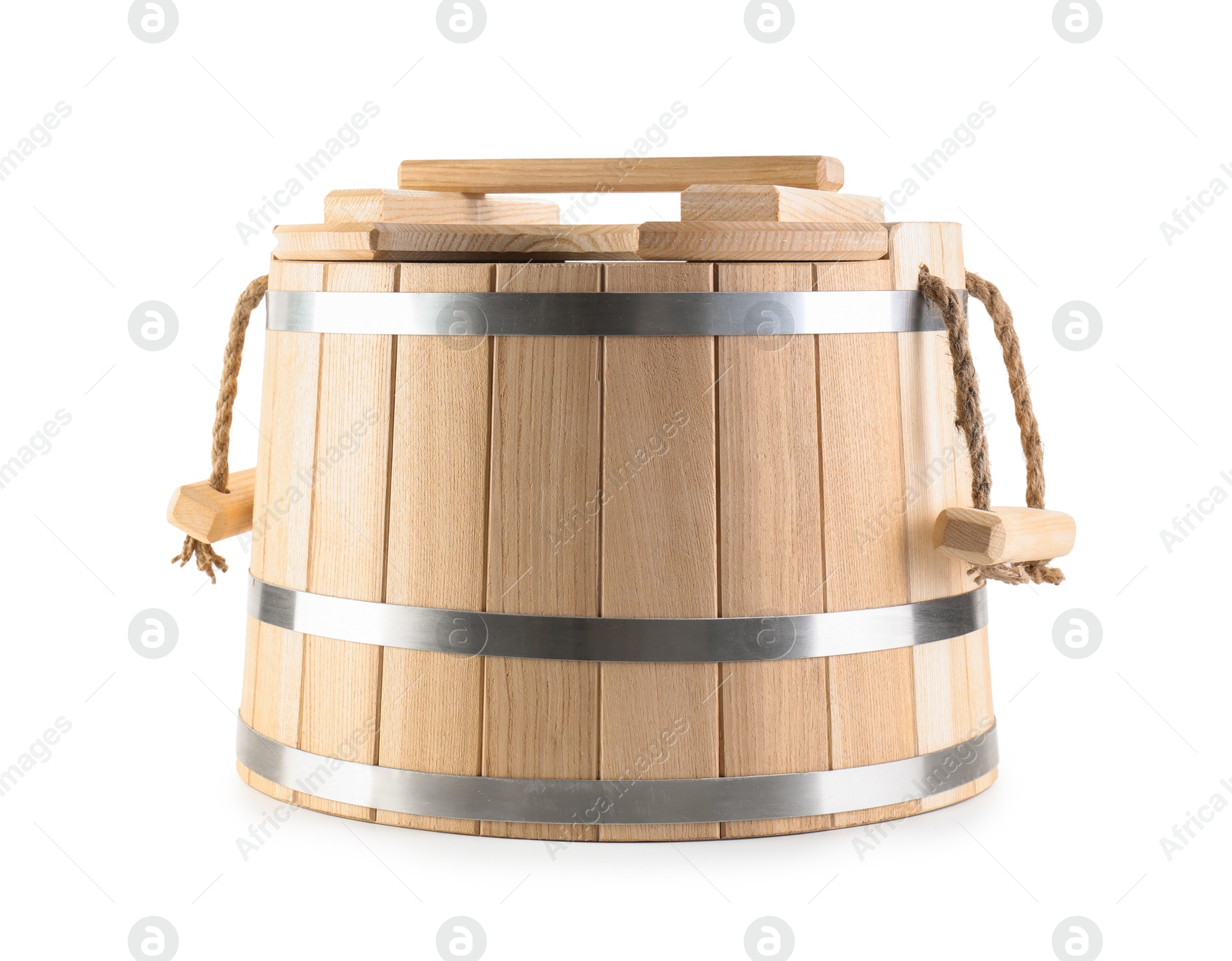 Photo of One wooden bucket isolated on white. Sauna equipment