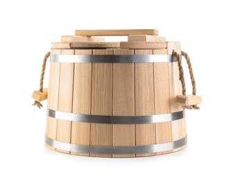 Photo of One wooden bucket isolated on white. Sauna equipment