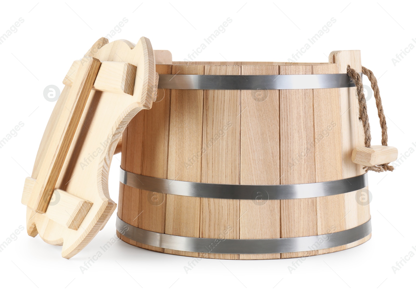 Photo of One wooden bucket isolated on white. Sauna equipment